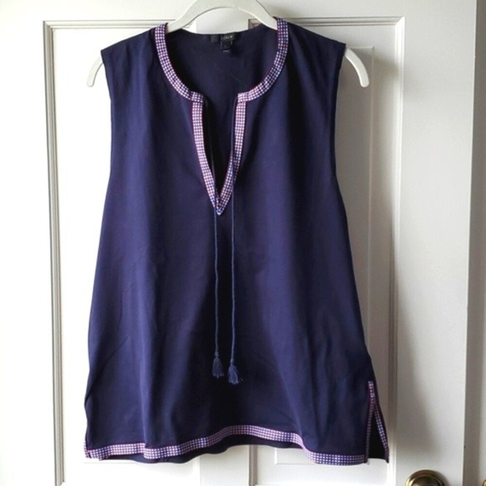 J. CREW BLUE EMBROIDERED TRIM TASSEL SLEEVELESS TOP LARGE